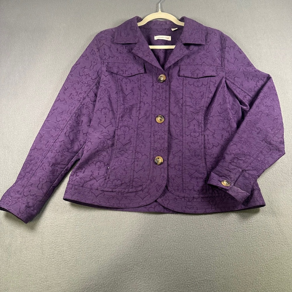 Coldwater Creek Purple Jacquard Damask Button Front Jacket Womens 14 Cotton